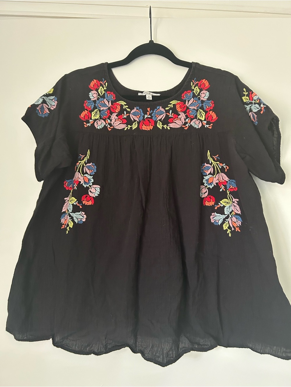 Black Floral Embroidered Peasant Blouse - Women